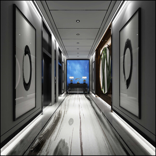 现代时尚冷淡风酒店走廊浅色地板工装装修图