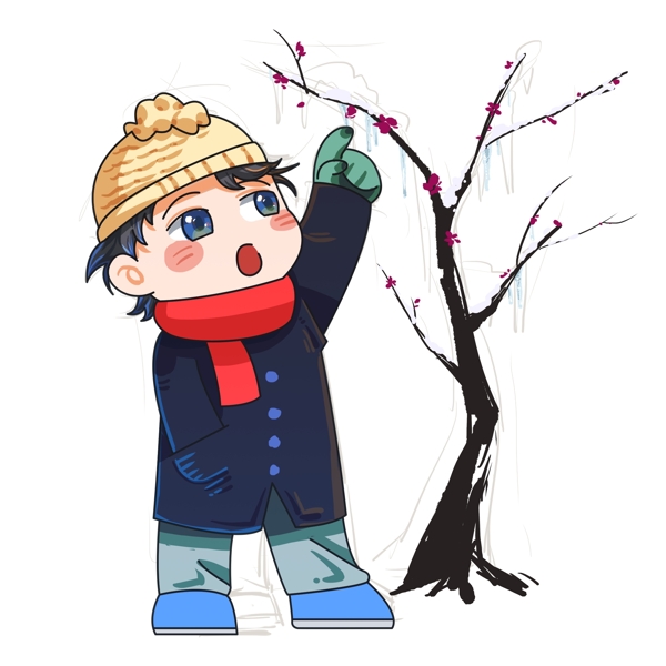 冬季大寒天气儿童梅花树插画