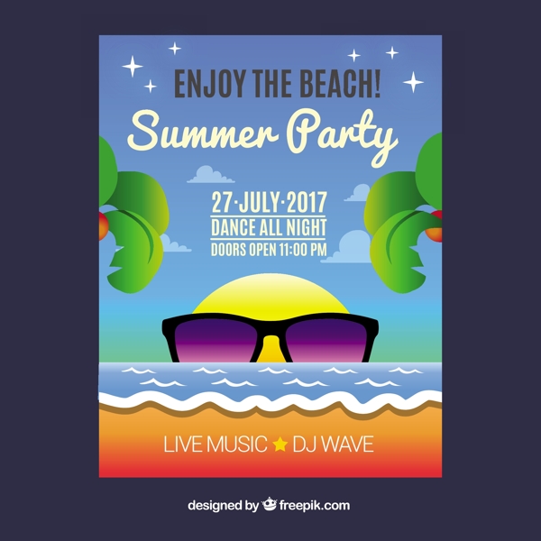 太阳眼镜棕榈树叶沙滩夏日派对手册模板
