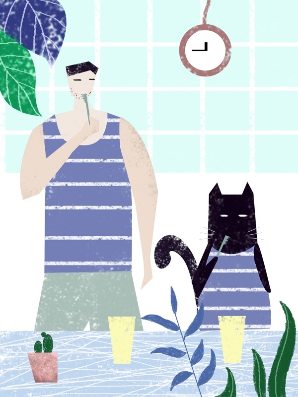 原创插画单身日常生活撸猫创意插画植物人物