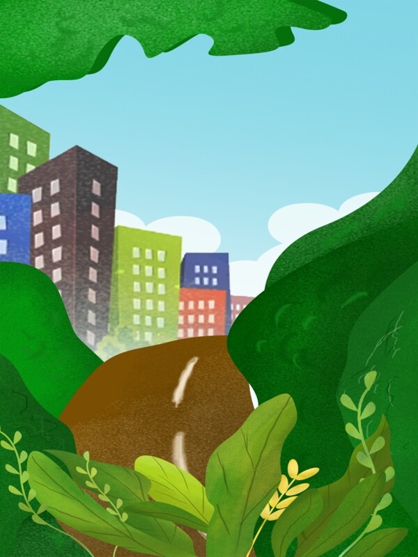 手绘卡通绿树掩映的城市高楼大厦广告背景