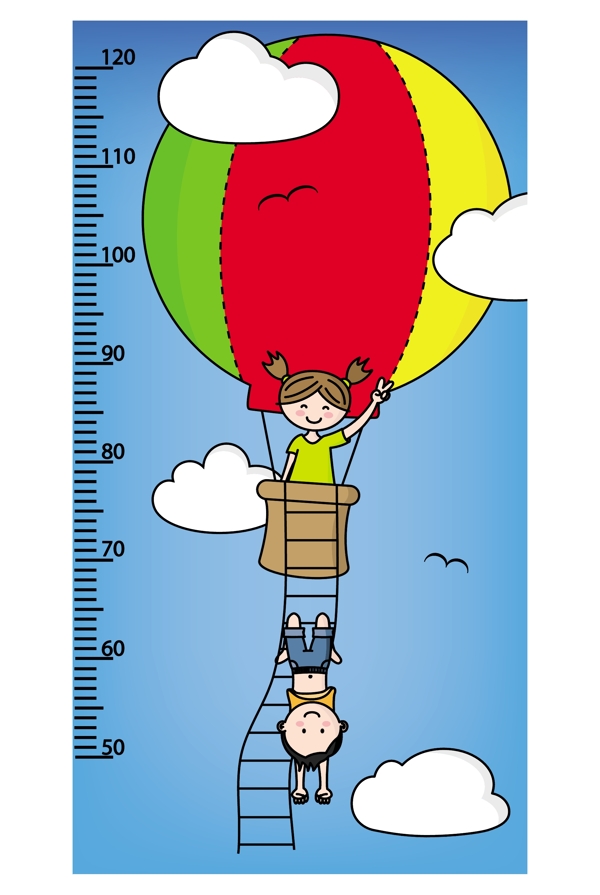 热气球幼儿园卡通小尺子工具矢量设计素材