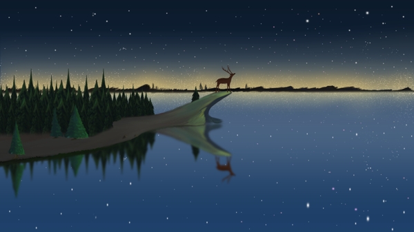 星空下的湖面草地小鹿晚安背景素材