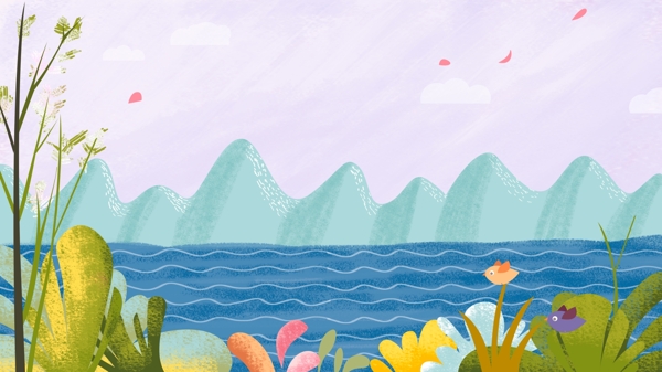 手绘彩色海洋植物背景素材