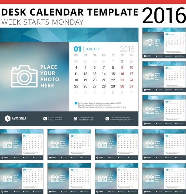 2016年日历模板设计矢量素材