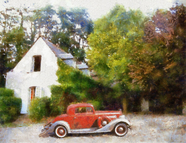 老式轿车油画图片