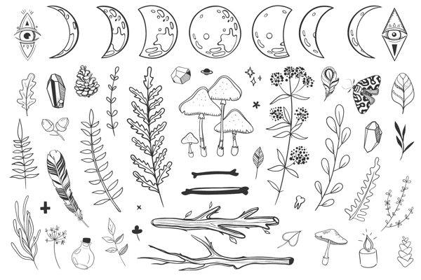 月亮手绘羽毛宝石树枝图案PNG与矢量