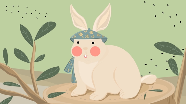 萌宠站在树桩上的兔子手绘插画