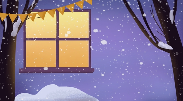 下雪夜晚窗外风景插画背景