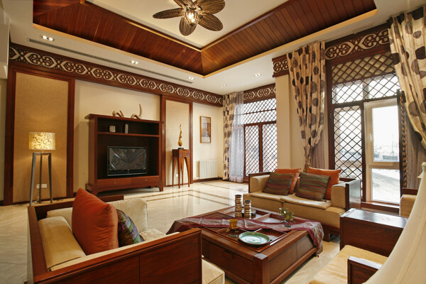 中式轻奢客厅方形木制茶几室内装修效果图