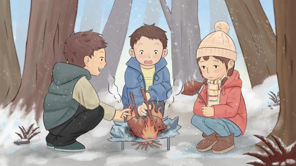 冬天小孩户外烤番薯取暖插画