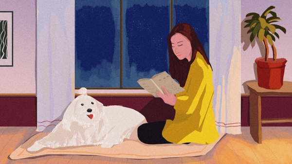 十二月你好主人与宠物冬夜温馨读书原创插画