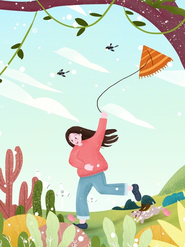 蓝色春分郊外女孩放风筝背景设计