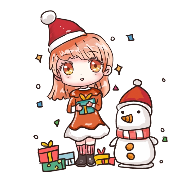 圣诞节可爱萌妹子与雪人礼物卡通手绘素材