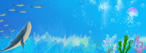 手绘蓝色海底世界夏日清凉背景