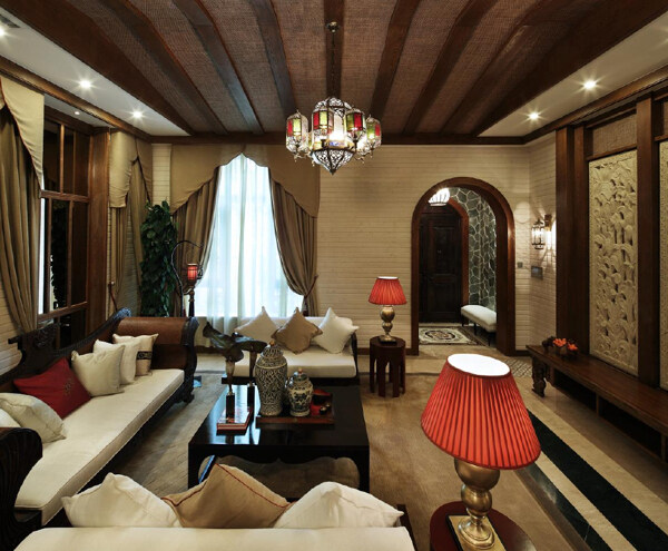 中式奢华客厅橘色台灯室内装修效果图