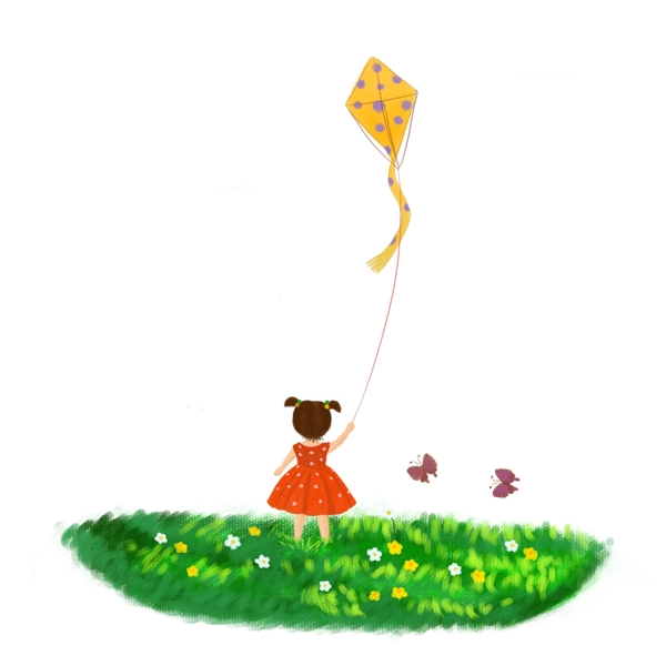 春天放风筝的小女孩