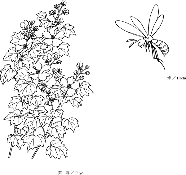 日本的植物花卉矢量素材15蜜蜂与芙蓉花画