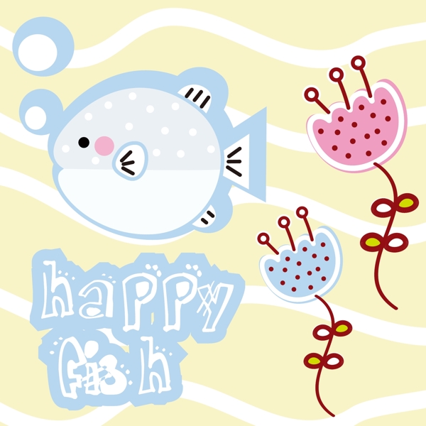 印花矢量图可爱卡通卡通动物鱼花朵免费素材