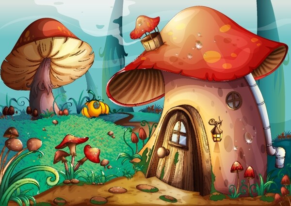 卡通森林蘑菇屋矢量素材图片