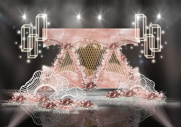 粉色立体背景金色栅栏造型创意婚礼效果图