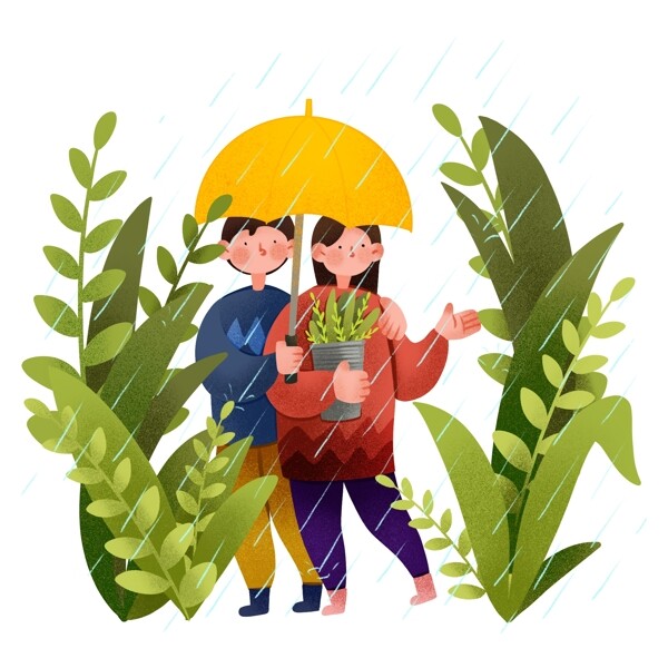 谷雨打伞的情侣插画