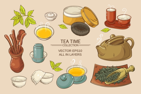 传统茶道用品元素插画