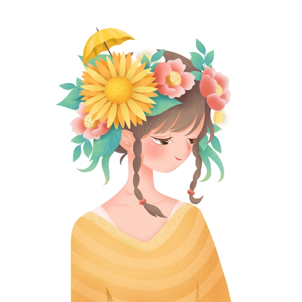 头上戴满花朵的女孩图案元素
