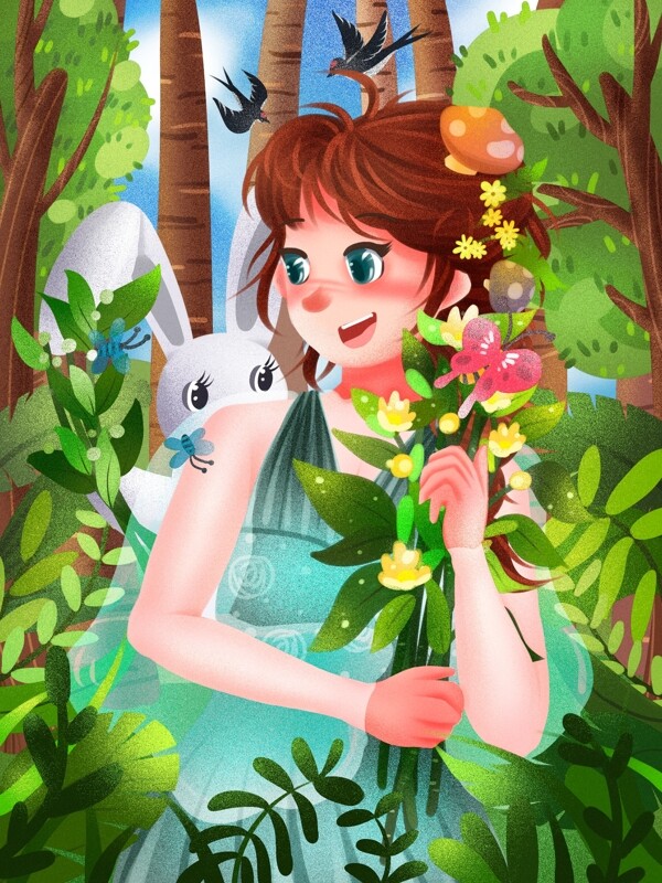 春分时节的美丽女孩和小兔子绿色清新插画