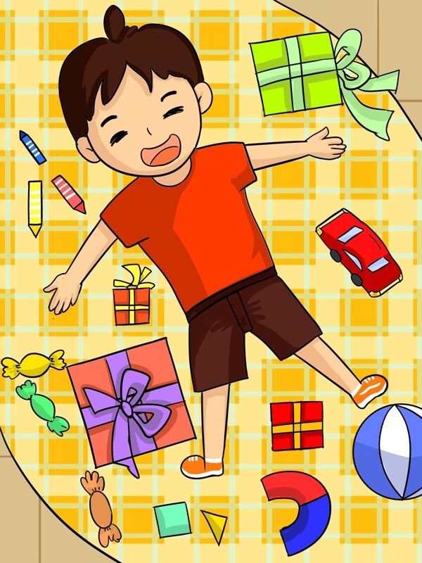 儿童节收到礼物的快乐男孩插画