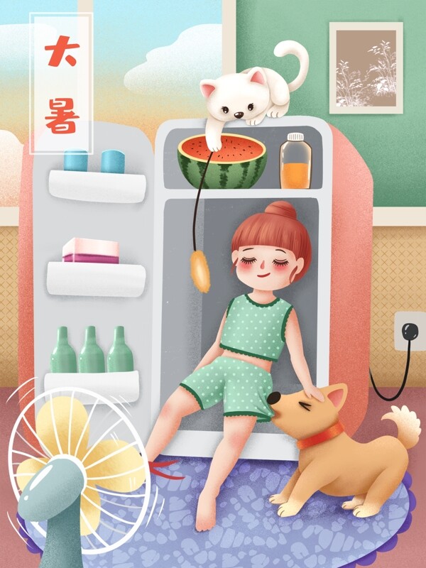 二十四节气大暑女孩躲在冰箱里避暑