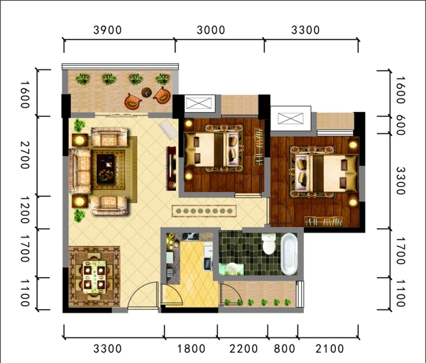 两室两厅一厨一卫户型平面图