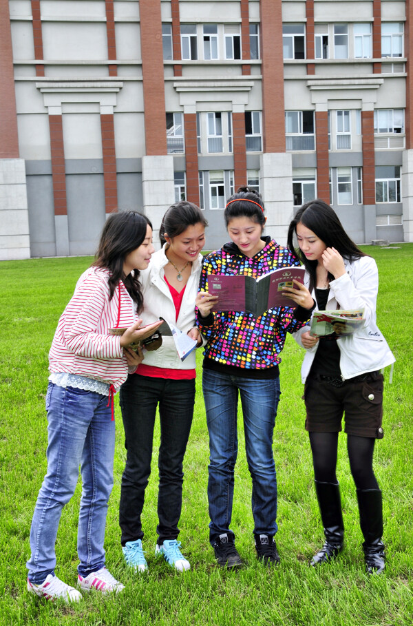 草地上看书的学生图片