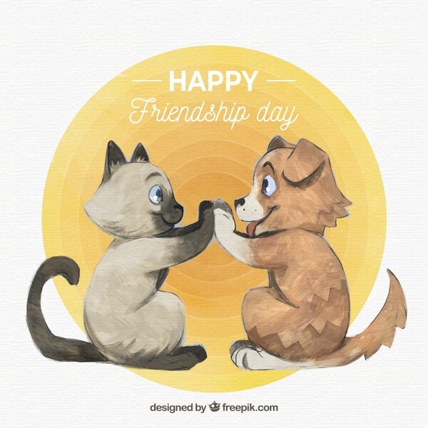 彩绘国际友谊日拍手的猫狗矢量图