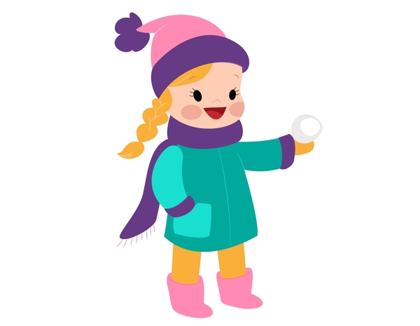 卡通女孩玩雪球元素