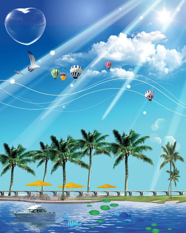 3D海滩热气球白云背景墙