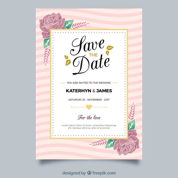 金色边框花卉插图粉红条纹婚礼邀请卡