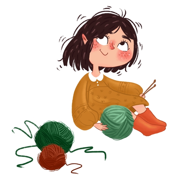 手绘织毛衣的女孩元素