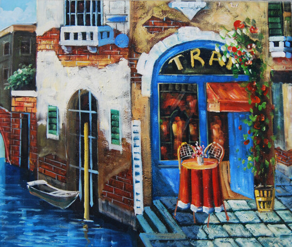 威尼斯小镇商铺风景油画
