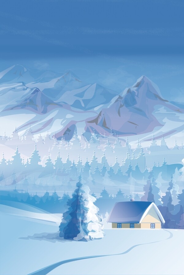 彩绘冬季雪地雪山背景素材