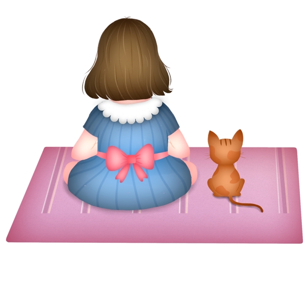 彩绘坐在垫子上的女孩和猫咪背影设计