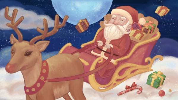 平安夜圣诞老人驯鹿雪橇节日手绘插画