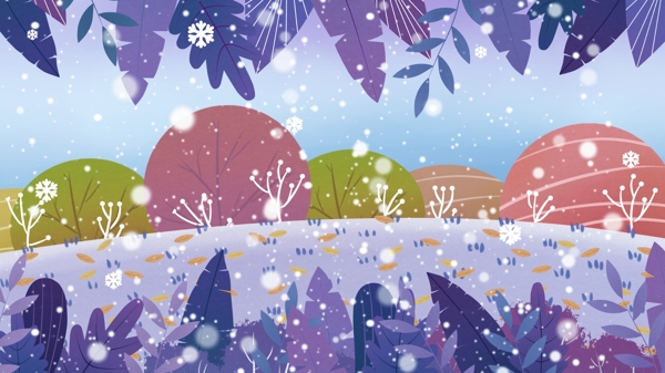 手绘彩色树林雪花背景素材