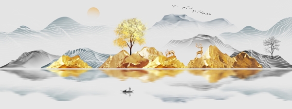 新中式金色水墨意境山水装饰画