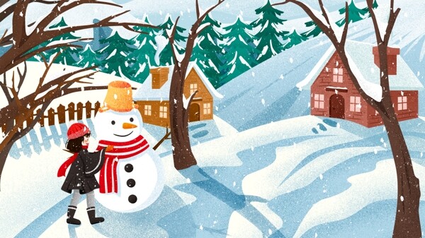 唯美雪地堆雪人女孩插画冬季雪景插画