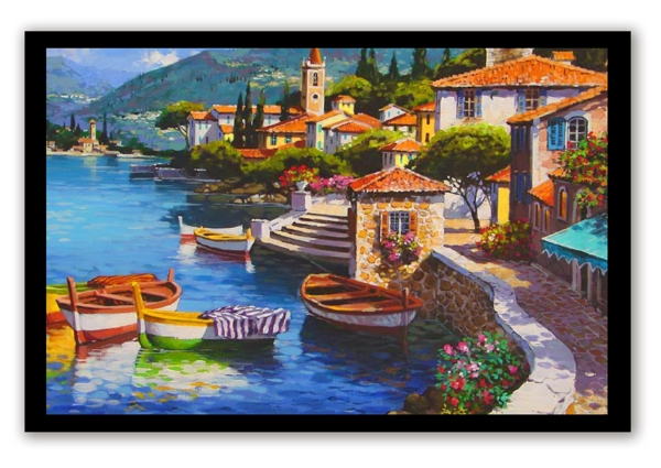 地中海热带风情海口码头船舶油画装饰画