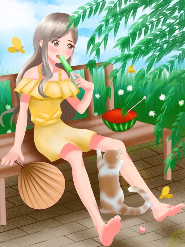原创手绘插画立夏女孩坐在长椅上吃冰棍乘凉