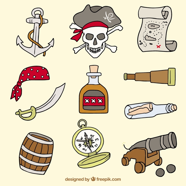 手绘各种海盗物品元素矢量素材
