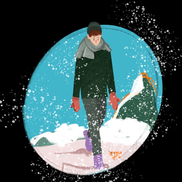 冬季雪景和小男孩插画