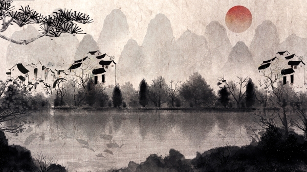 原创唯美中国古风水彩画水墨画山水风景插画